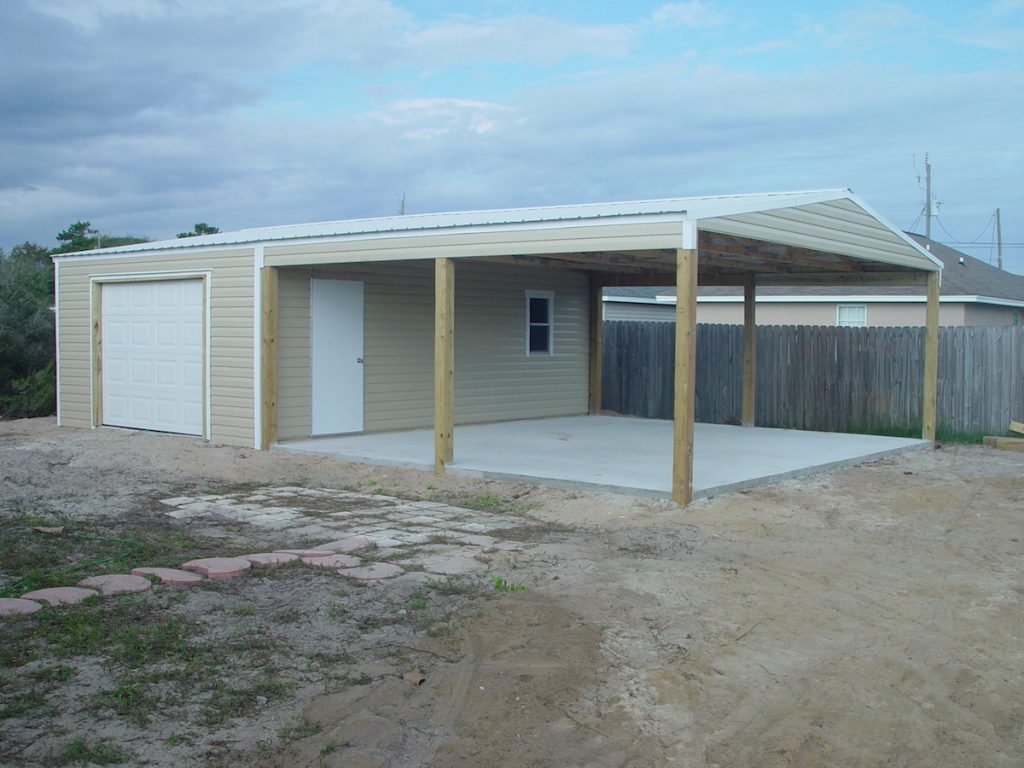 16X24 GARAGE WITH 24X24 CARPORT TAN AND WHITE