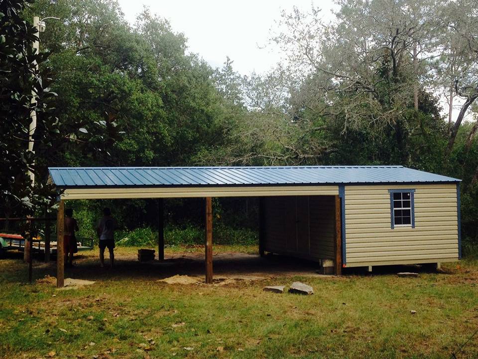 12X20 PORTABLE WITH 20X24 CARPORT TAN WITH BLUE ROOF