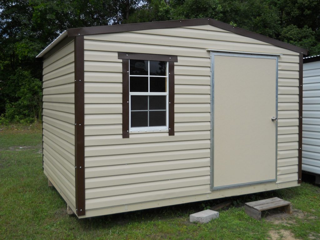 8X12 PORTABLE BUILDING TAN WITH BROWN TRIM