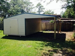 12X20 WITH 12X20 CARPORT TAN WITH BLUE TRIM