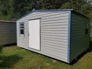 12X16 GREY AND BLUE TRIM WITH OFFSET WINDOWS