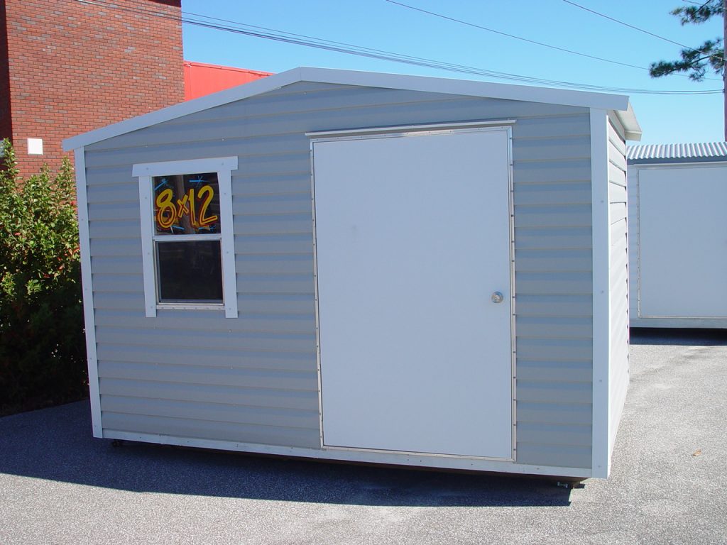 8X12 PORTABLE BUILDING GREY WITH WHITE TRIM