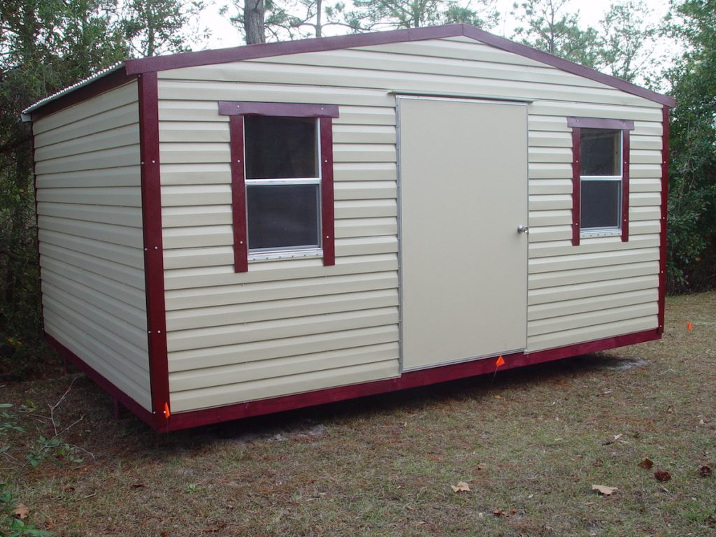 12X16 PORTABLE BUILDING TAN WITH RED TRIM