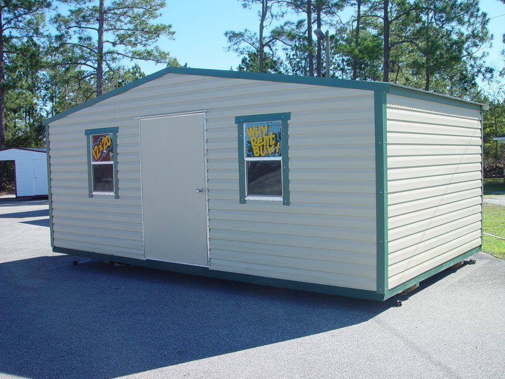12X20 PORTABLE BUILDING TAN WITH GREEN TRIM
