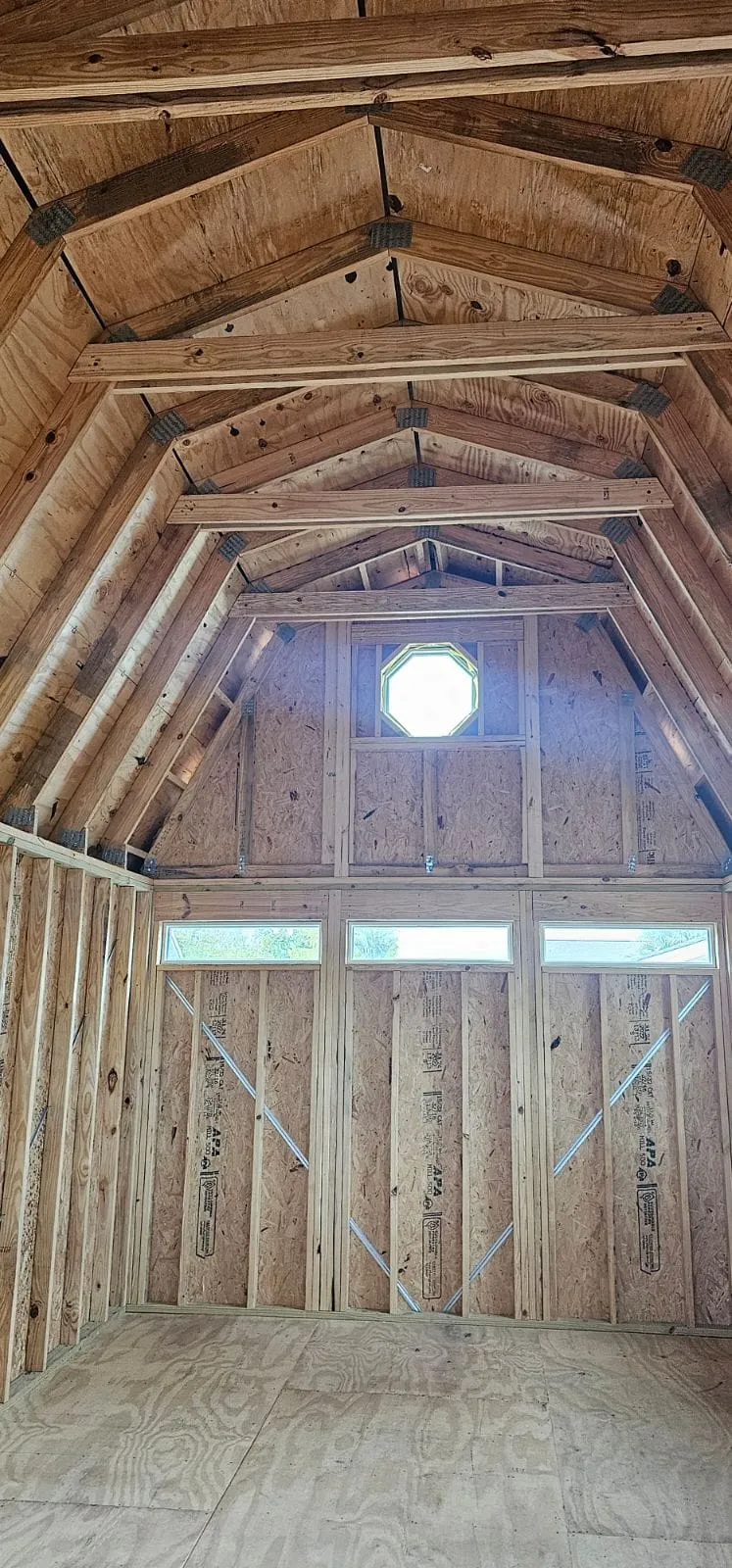 12X30 GAMBREL SHED INSIDE VIEW